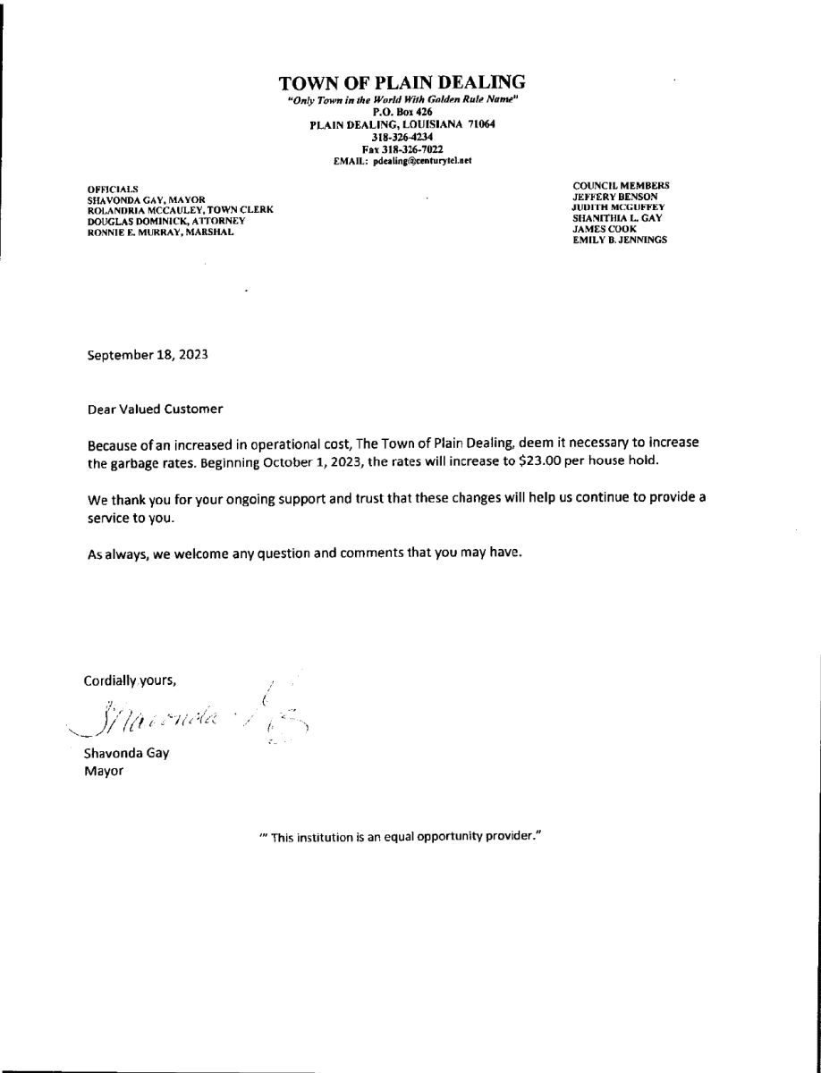 Letter on Garbage Rate Increase Effective Oct 1, 2023